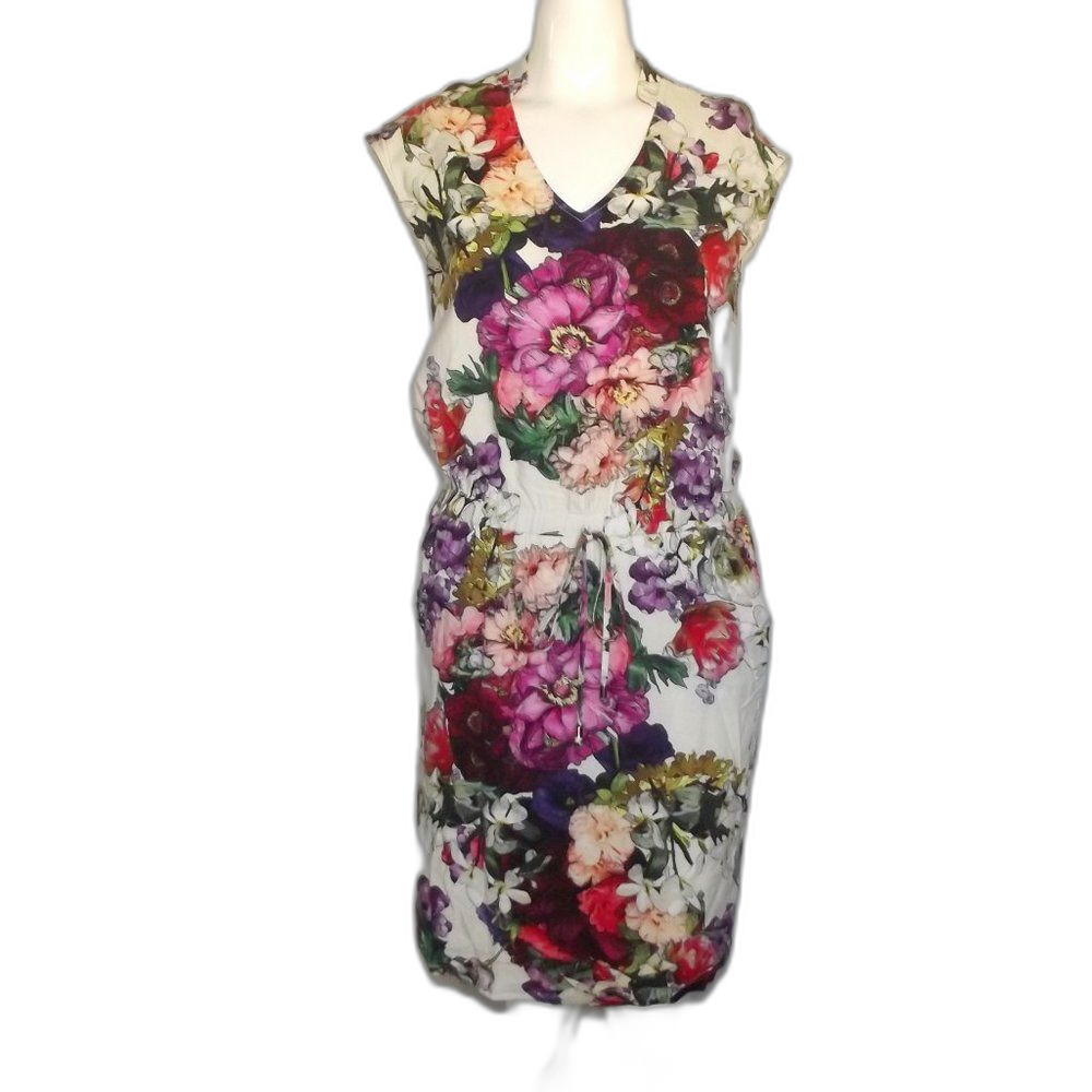 KOTON Dress, UK10/US6, White/Multicolor floral print, Stretch waist, Pockets - Picture 11 of 13